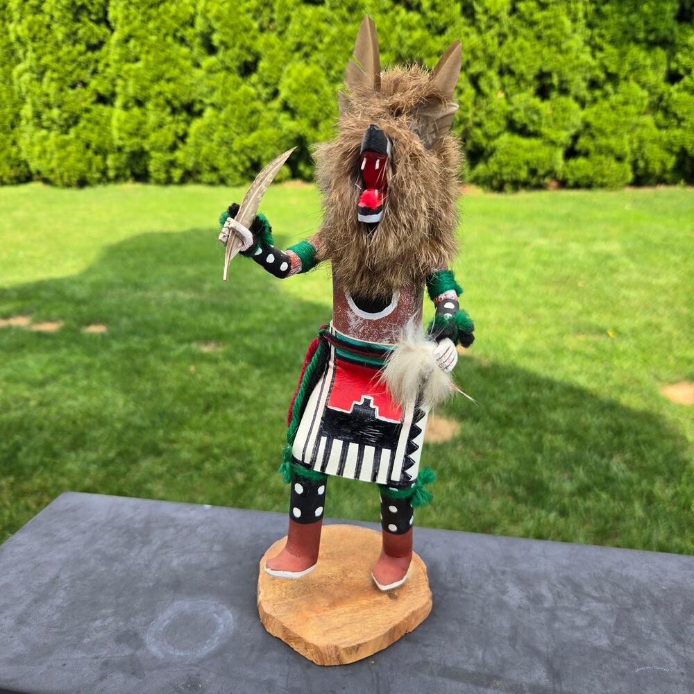 Vintage Gray Wolfman Kachina Doll Artist Signed by C Smith Wood Base